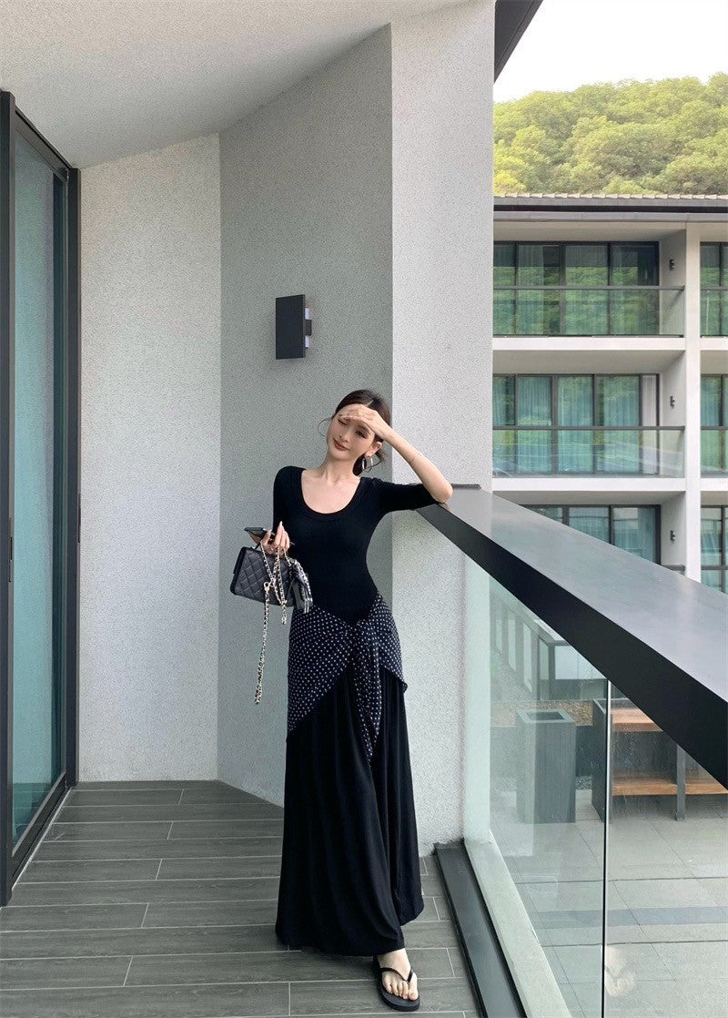 Jun. 簡約氣質赫本圓領針織拼接連身裙 黑