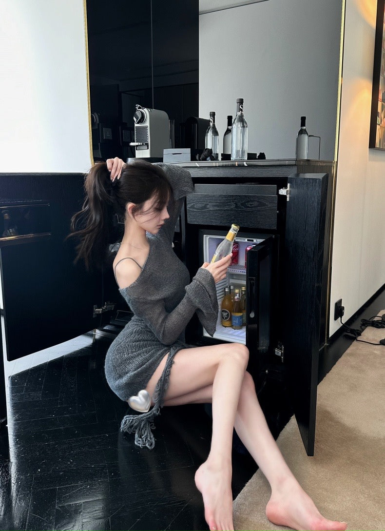 Jan. Cellos*nata裙擺玫瑰 溫柔疊穿同色系連身裙 針織外罩裙 灰色