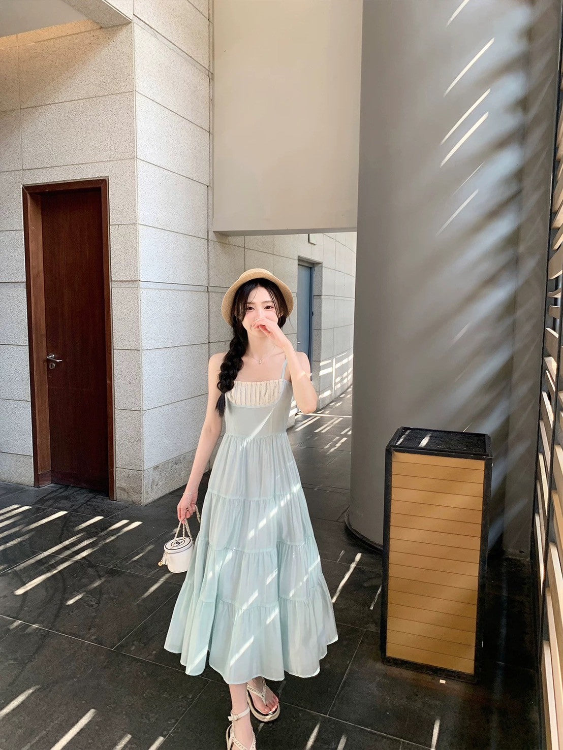 Aug. 溫柔浪漫約會日 拼接感蛋糕連身裙 藍綠色