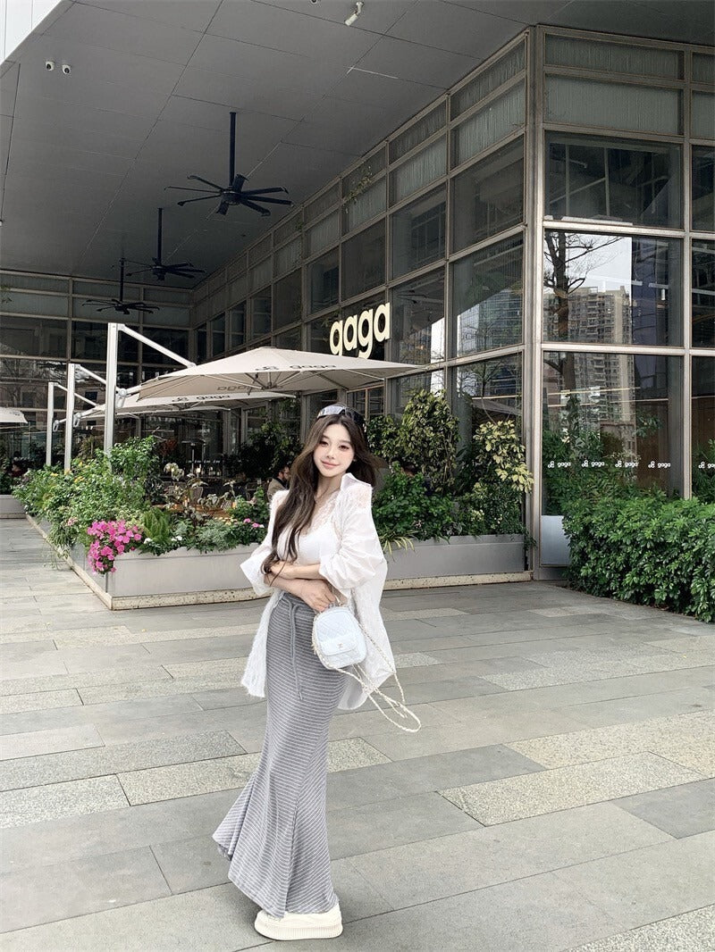 25Oct. 通勤首領 微透蕾絲拼接襯衫/條紋抽繩半身裙