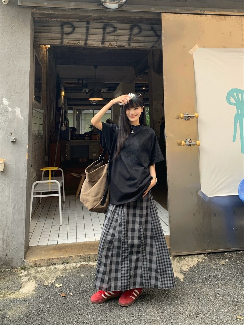 25Oct. 古著女孩黑色8號短袖上衣/格紋拼接半身裙