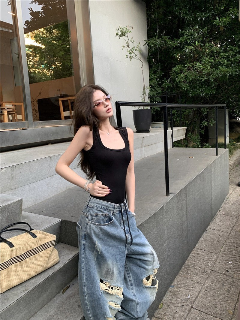 25Oct. 歐美辣妹低U連體上衣/炸街刷破仿舊闊腿牛仔褲