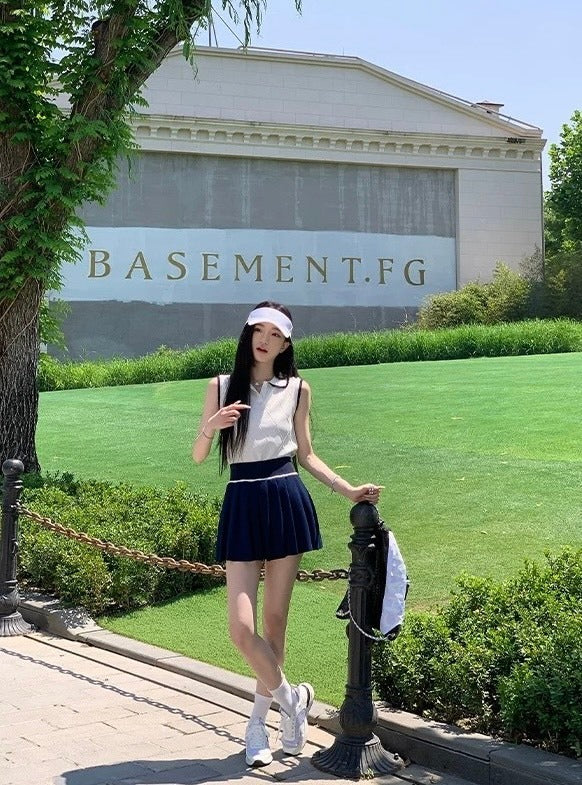 25Oct. 溫婉甜妹 m系藏青撞色針織百摺裙套裝