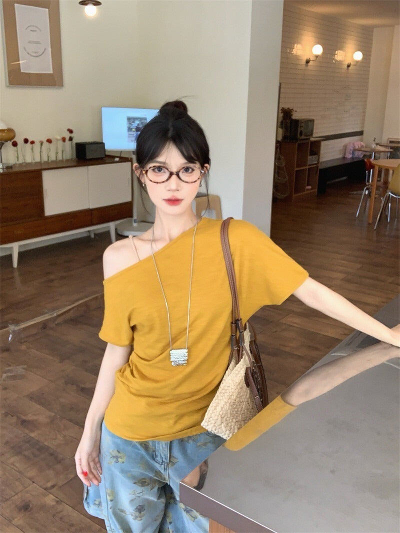 25Oct. 暖糯糯薑黃色斜肩百搭上衣