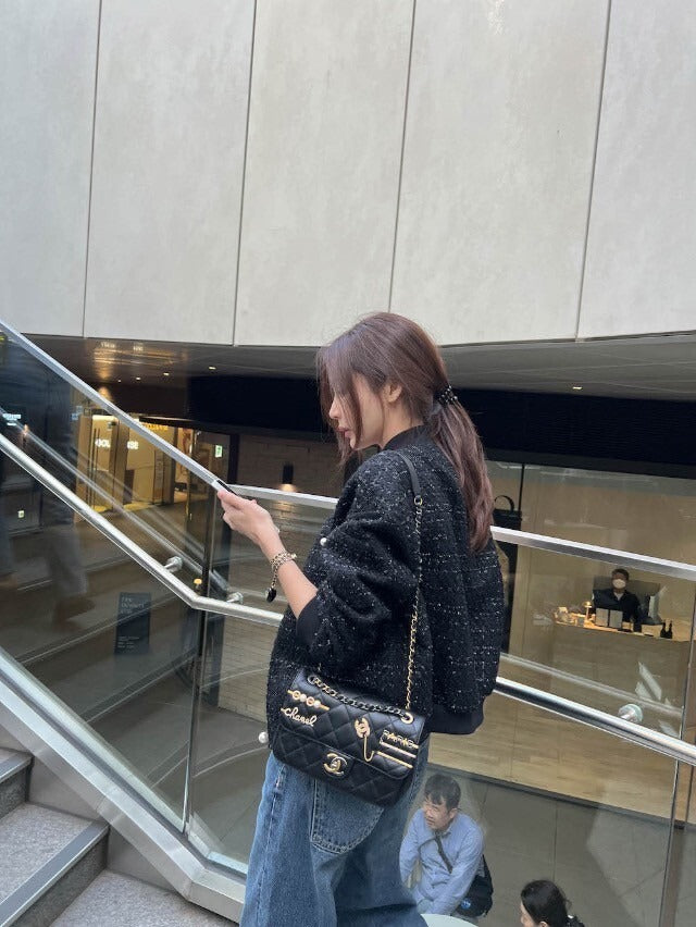 25Sep. 簡約理念百搭短款修身粗呢棒球外套 黑