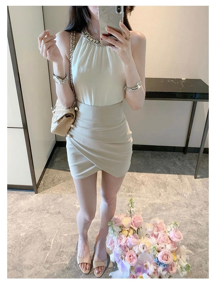 25Oct. 氣質金秘書法則鑽黏雪紡上衣高腰交錯半身裙套裝