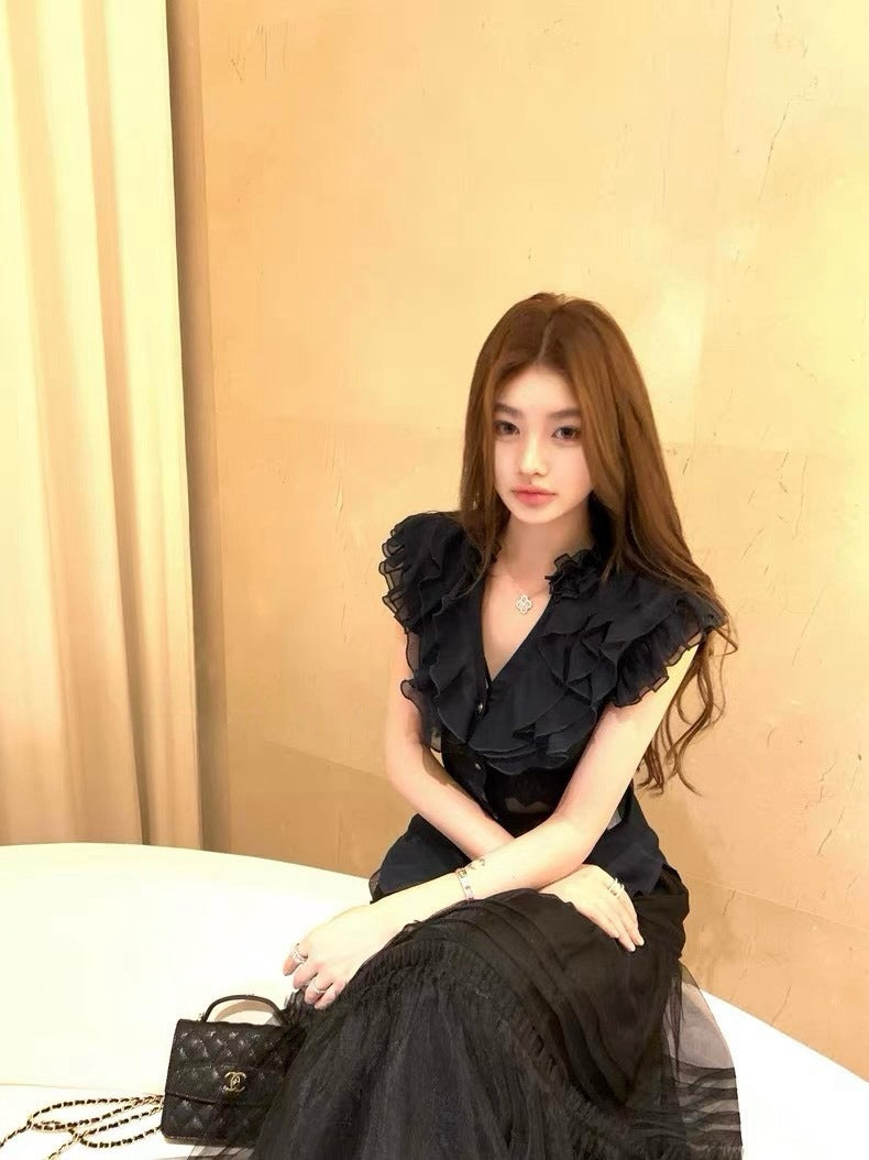 25Oct. 世家赫本法式氣質雪紡透視衫 藍