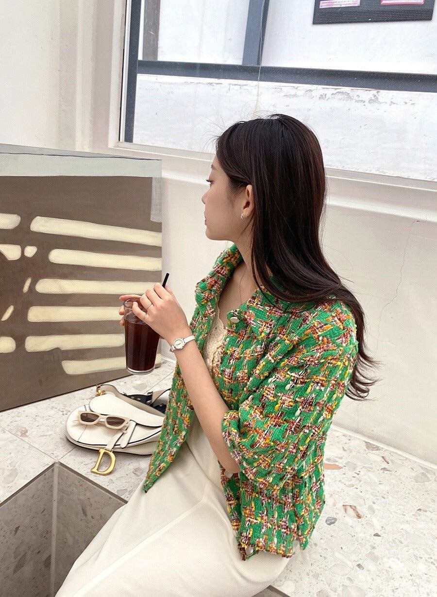 25Sep. 韓國鄉園亮絲奢彩中袖小香外套 藍/綠