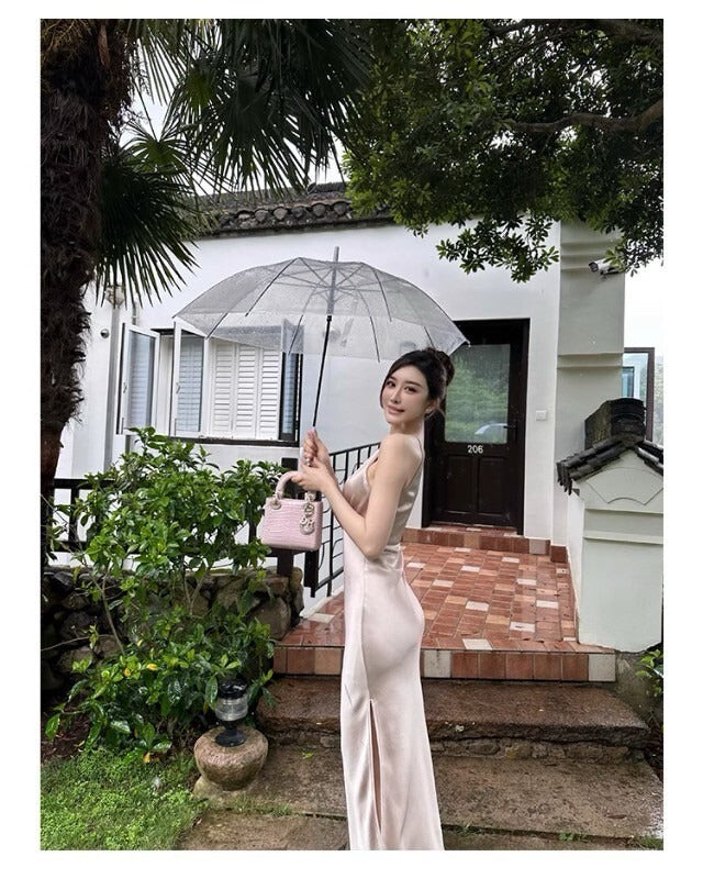 25Oct. 生日禮服裙 氣質緞面收腰剪裁連身裙 粉