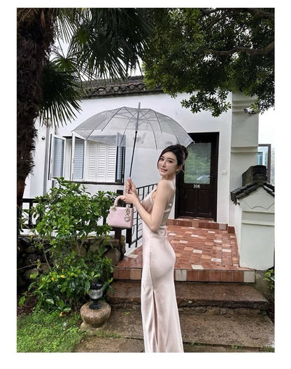 25Oct. 生日禮服裙 氣質緞面收腰剪裁連身裙 粉