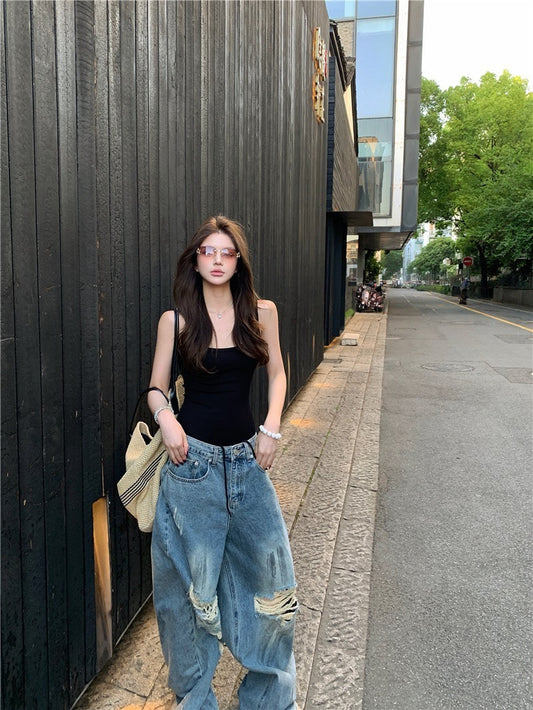 25Oct. 歐美辣妹低U連體上衣/炸街刷破仿舊闊腿牛仔褲