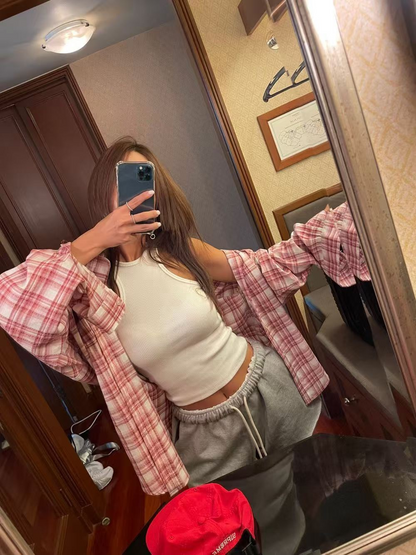 25Oct. 寬鬆休閒通勤格紋襯衫 紅