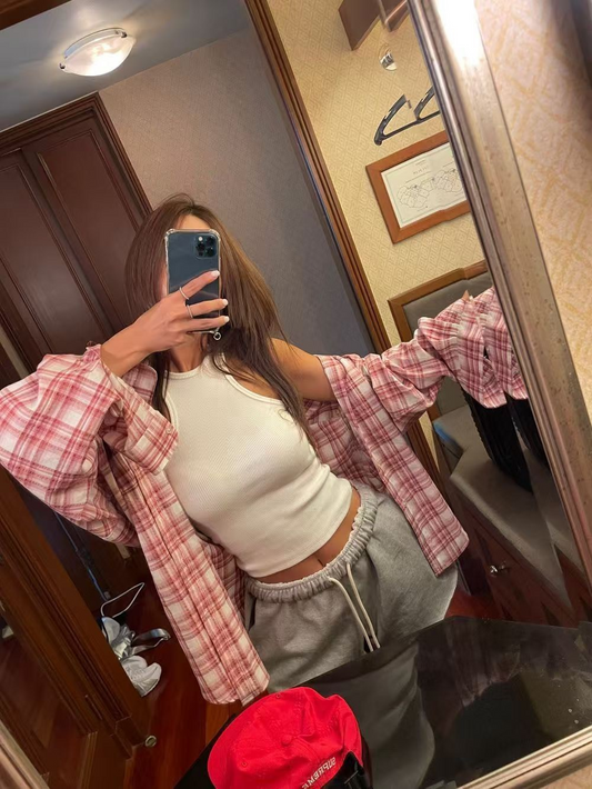 25Oct. 寬鬆休閒通勤格紋襯衫 紅