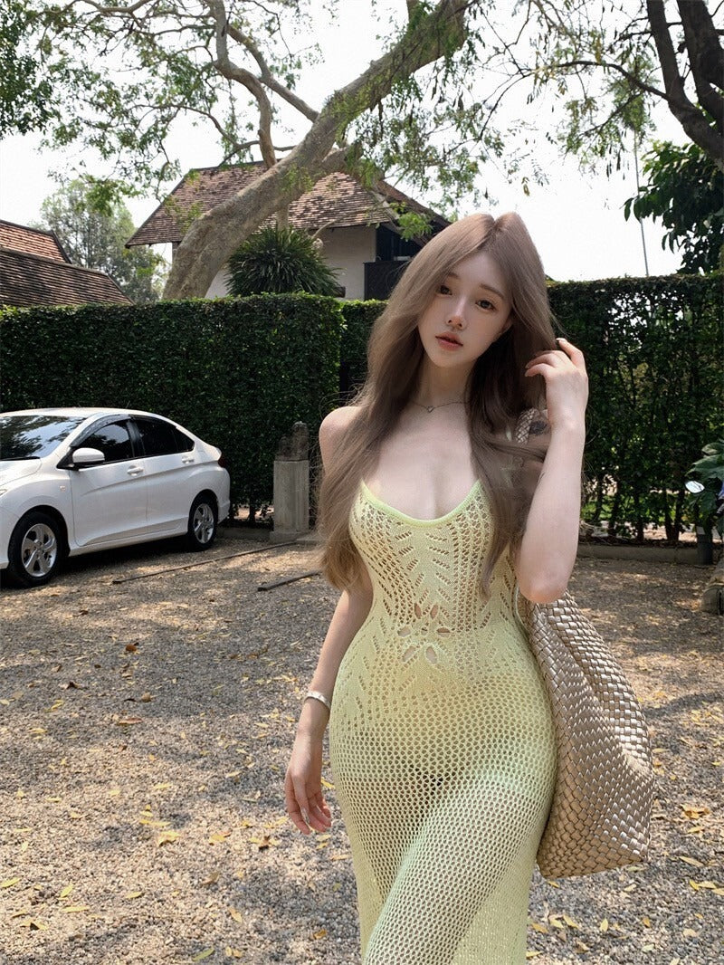 25Oct. 歐美性感粗針度假疊穿連身裙 綠黃色