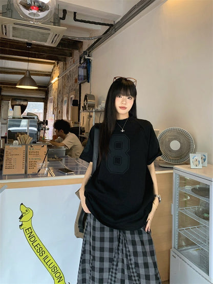 25Oct. 古著女孩黑色8號短袖上衣/格紋拼接半身裙