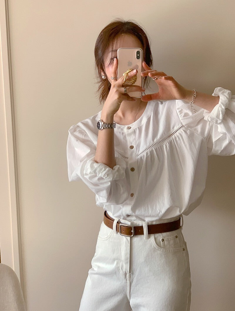 25Sep. 氣質縷空花娃娃領襯衫 白/杏