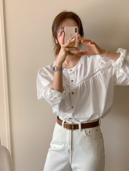 25Sep. 氣質縷空花娃娃領襯衫 白/杏