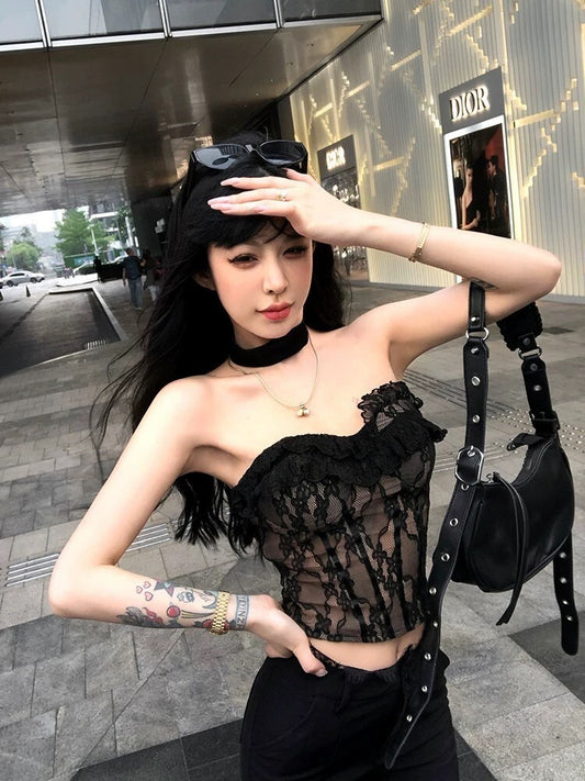 25Oct. Chill蕾絲純欲復古抹胸/修身蕾絲拼接喇叭褲 黑