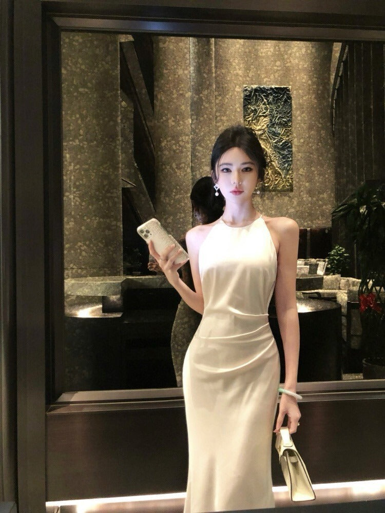 25Oct. 美麗人生氣質法式緞面收腰魚尾裙 米/孔雀藍/翠綠