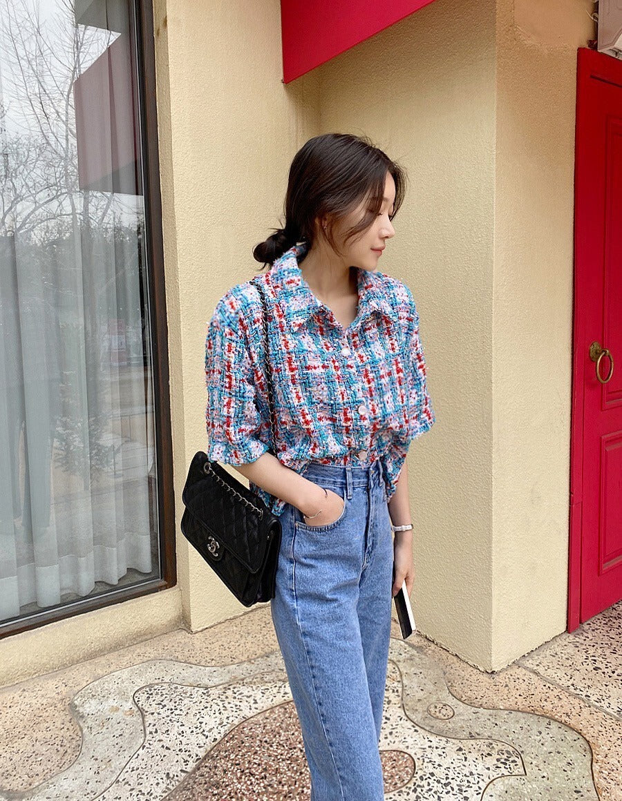 25Sep. 韓國鄉園亮絲奢彩中袖小香外套 藍/綠