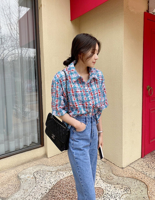 25Sep. 韓國鄉園亮絲奢彩中袖小香外套 藍/綠