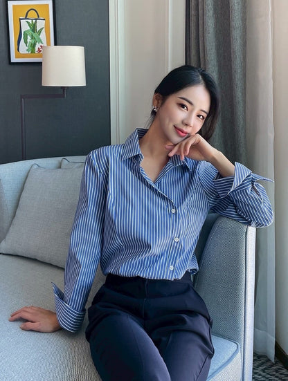 25Sep. 韓Chic簡約不規則側扣條紋襯衫 藍