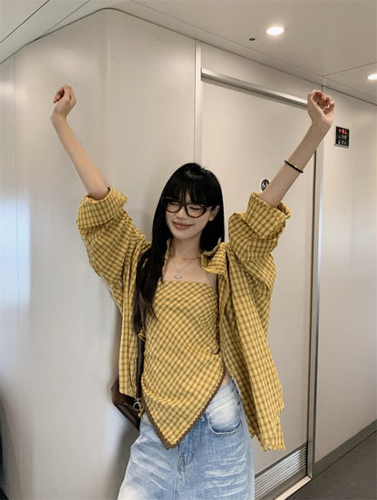 25Oct. Too bad~韓系復古黃格紋襯衫三角抹胸套裝