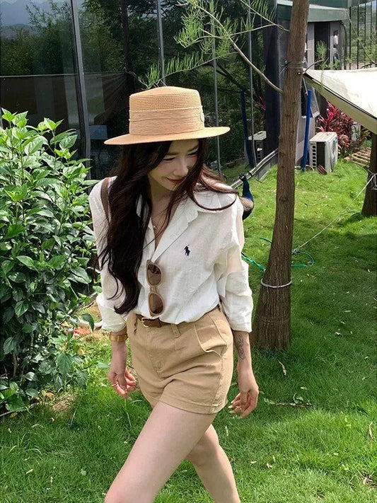 25Oct. 日常ballet 優秀版型棉麻刺繡老錢襯衫 淺杏色/修身短褲  卡其
