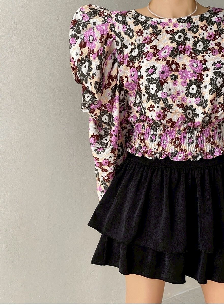 25Sep. 夢迴碎花 堆堆袖收腰長袖上衣 粉/菊藍