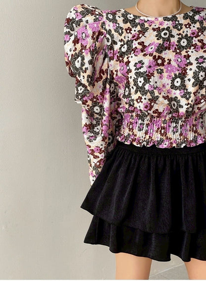 25Sep. 夢迴碎花 堆堆袖收腰長袖上衣 粉/菊藍