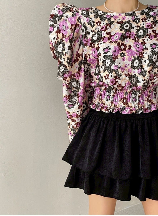 25Sep. 夢迴碎花 堆堆袖收腰長袖上衣 粉/菊藍