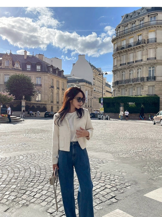 25Sep. 精緻香女孩 粗呢羊毛修身短外套 白