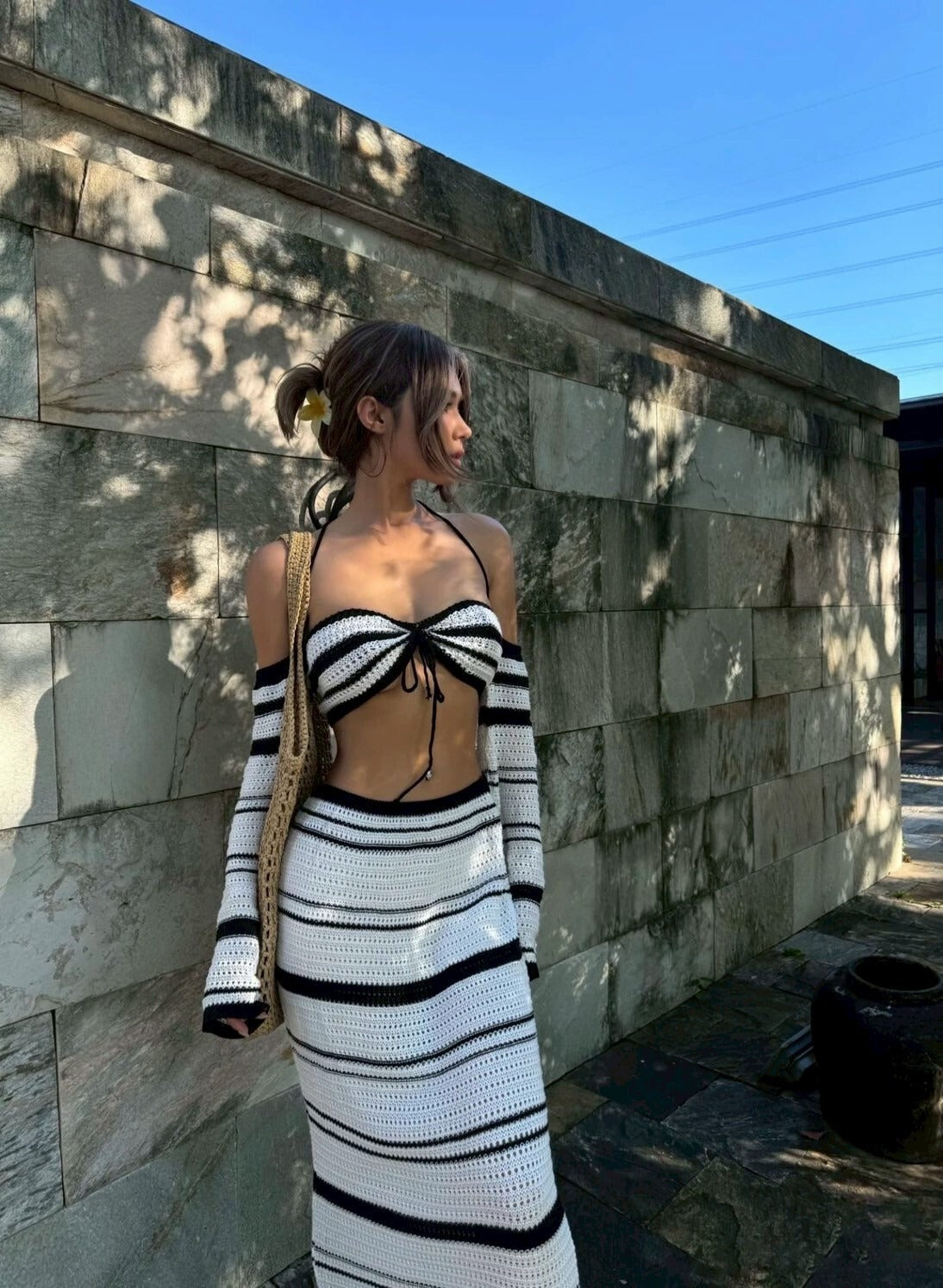 25Oct. 美式性感 黑白撞色條紋針織半身裙套裝