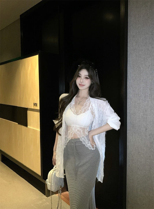 25Oct. 通勤首領 微透蕾絲拼接襯衫/條紋抽繩半身裙