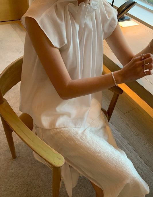 25Sep. 法式可人天絲褶皺領背心上衣 白/黑