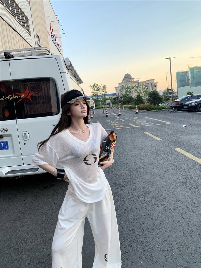 25Oct. 辣妹效應 休閒透視感上衣/純棉闊腿褲 白