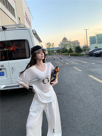 25Oct. 辣妹效應 休閒透視感上衣/純棉闊腿褲 白