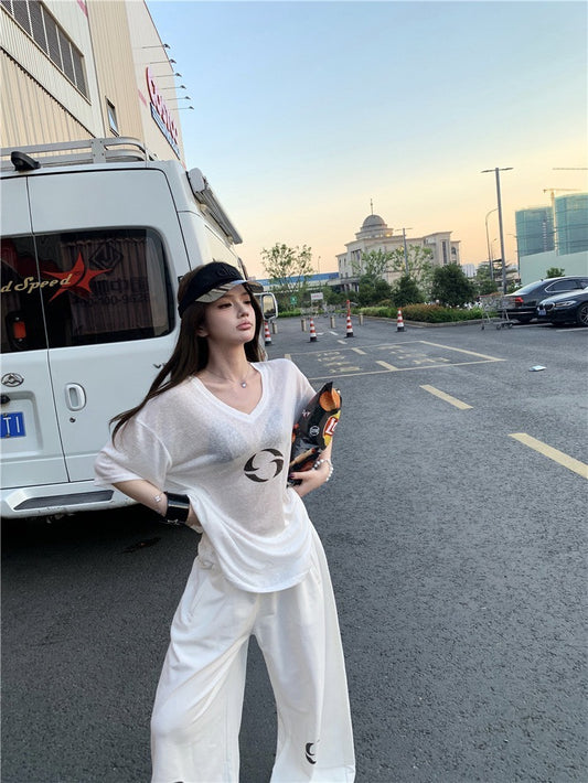 25Oct. 辣妹效應 休閒透視感上衣/純棉闊腿褲 白