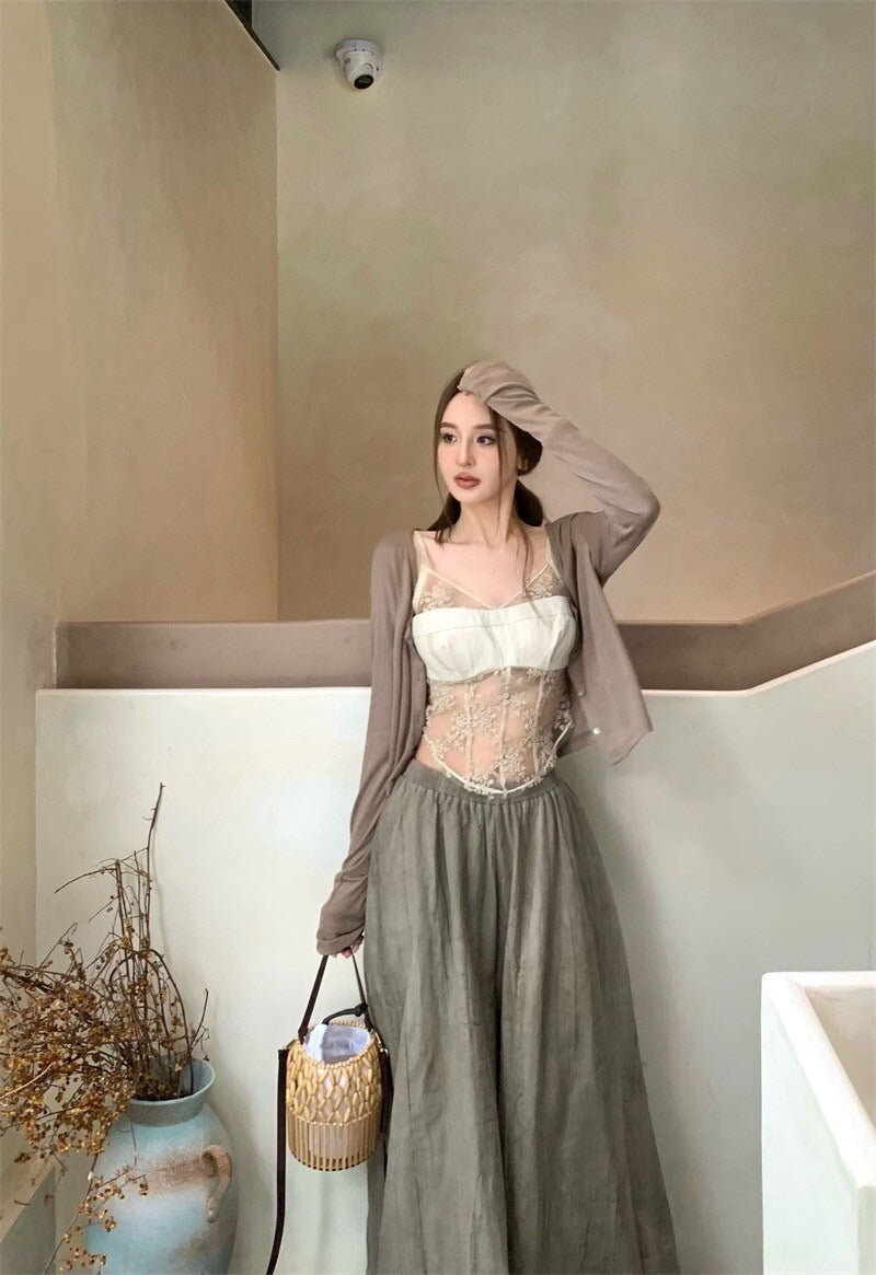 25Oct. 蔓紗沁蕾 拼接透視魚骨背心 防曬開衫 卡/黑