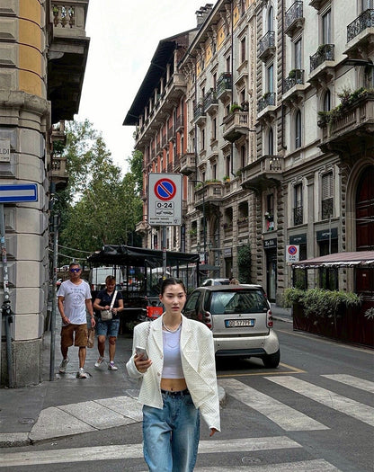 25Sep. 復古港風寬鬆款粗呢西裝小香外套 白/黑