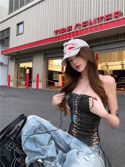 25Oct. 超級辣妹 美式縷空可調皮抹胸/刷破仿舊闊腿牛仔褲