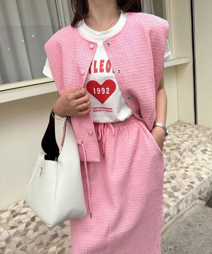 25Sep. 休閒華夫格抽繩可調式馬甲半身裙套裝 粉/黑