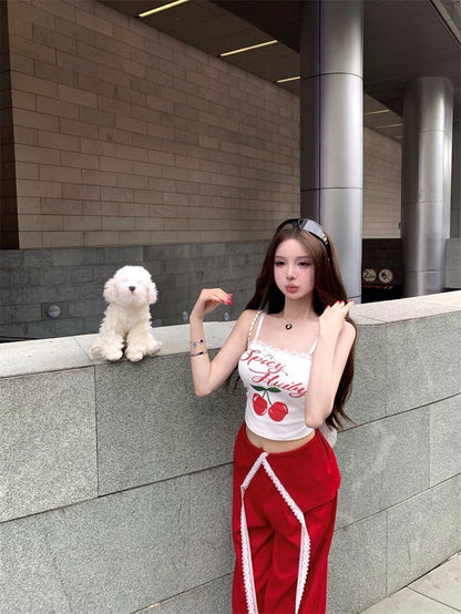 25Oct. Cherry girl美式印花蕾絲背心/紅色炸街休閒褲