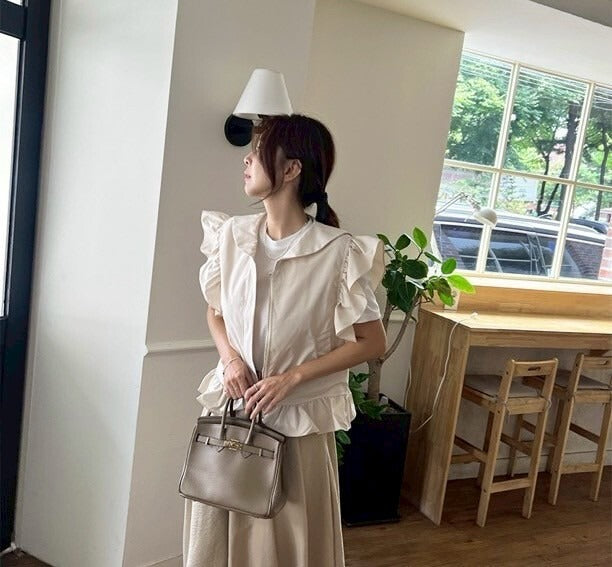 25Sep. 摩登海軍領小飛袖拉鍊馬甲 杏/黑