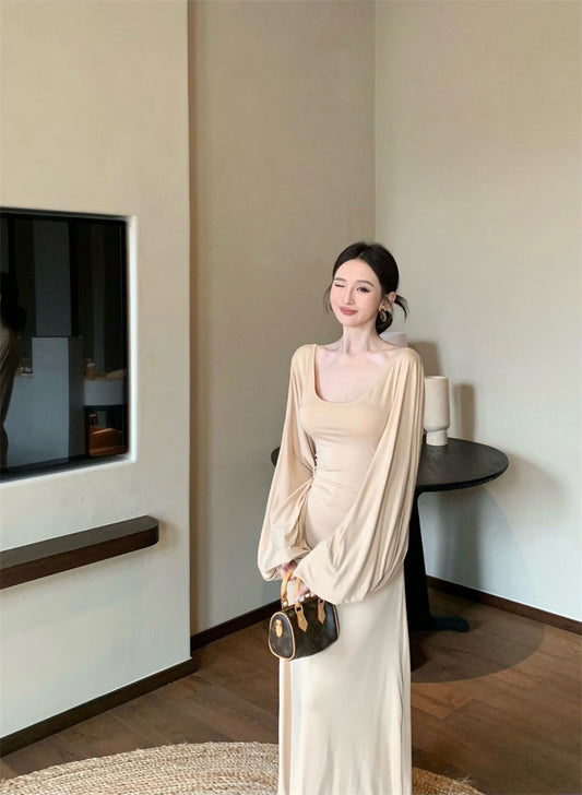 Jun. 法式溫柔U領泡泡袖收腰連身裙 杏