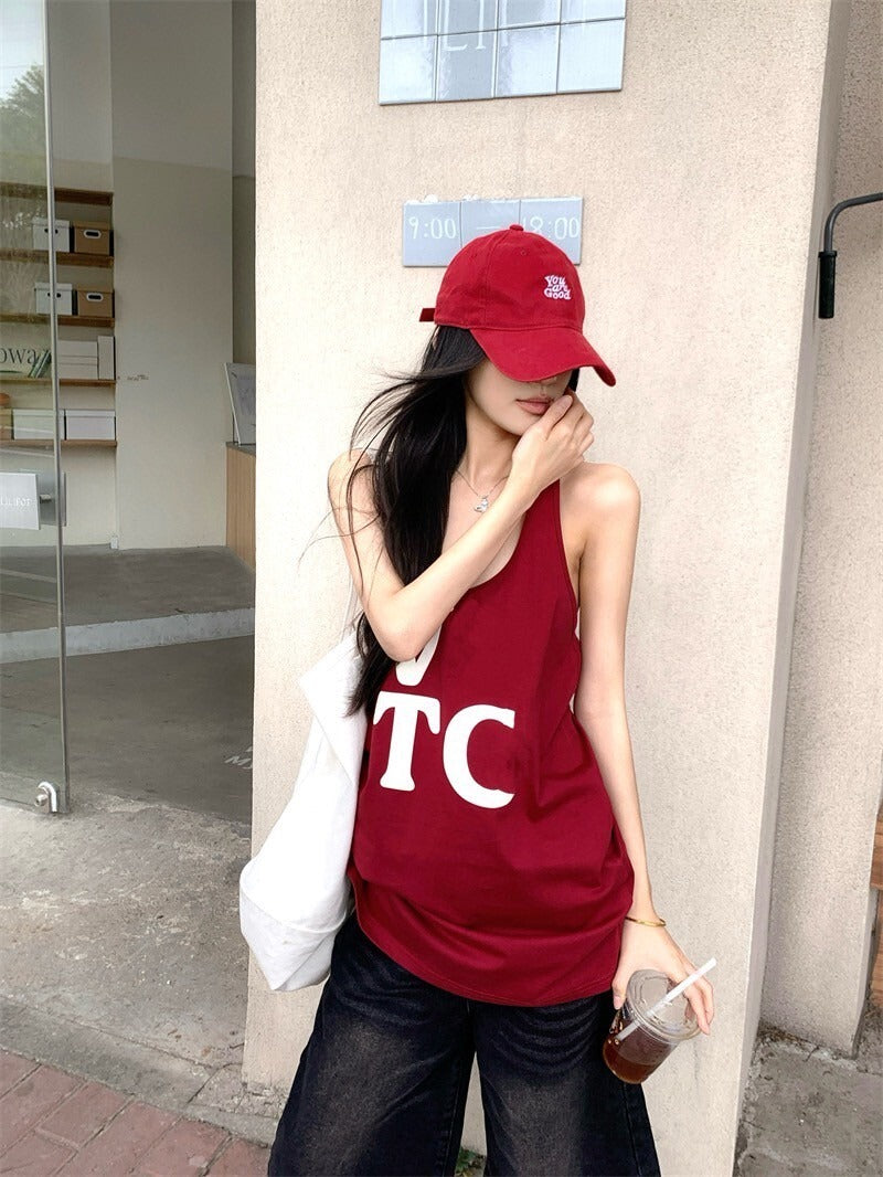 25Oct. 復古寬鬆美式字母印花中長背心