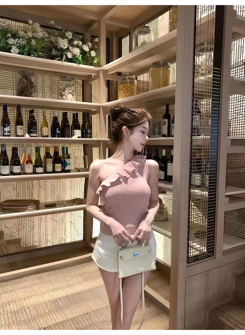 25Oct. 浪漫至上 心動荷葉斜肩針織上衣 粉