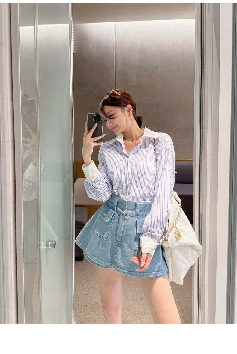 25Sep. 時髦手工釘珠條紋撞色襯衫