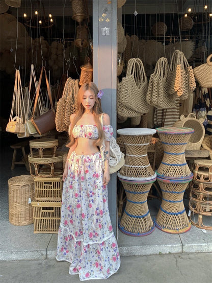 25Oct. 歐美花園性感碎花一字領半身裙套裝