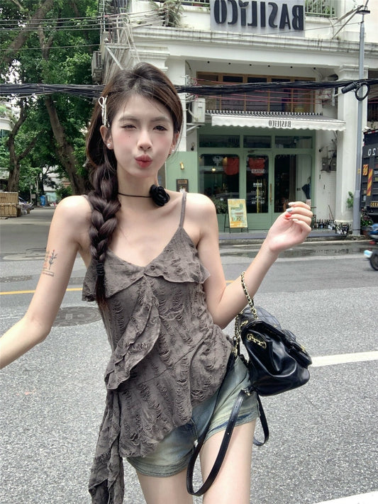 25Oct. 破壞感做舊荷葉飄帶背心